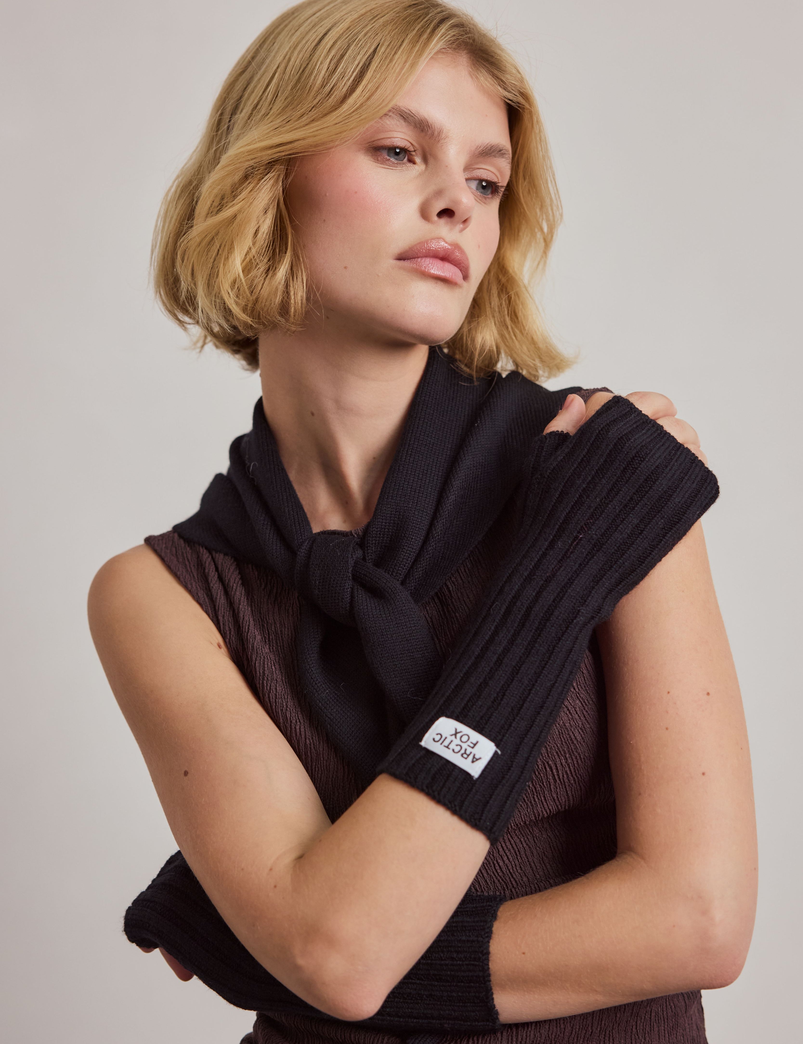Merino Wool Fingerless Gloves - Black